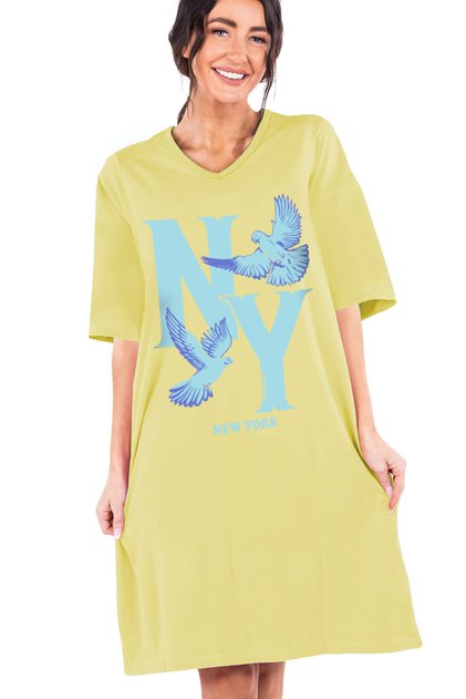 Ny Pigeons Light Yellow V Neck Half Sleeve Knee Length Comfortable Home Dress Nightgown