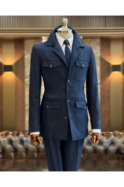 Italian Style Slim Fit Safari Jacket Pants Suit Navy Blue T11961
