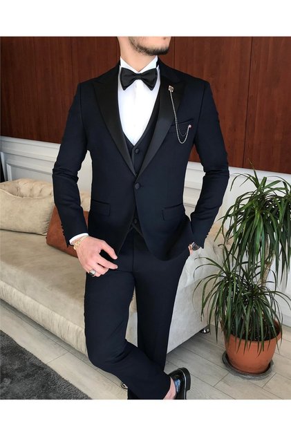 Jachetă croită italiană, vestă, pantaloni, costum de mire, bleumarin T7061