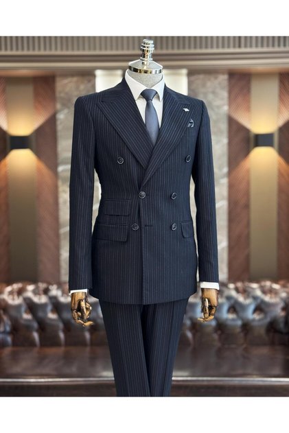 Italian Style Double-Breasted Jacket Trousers Suit Navy Blue T11914