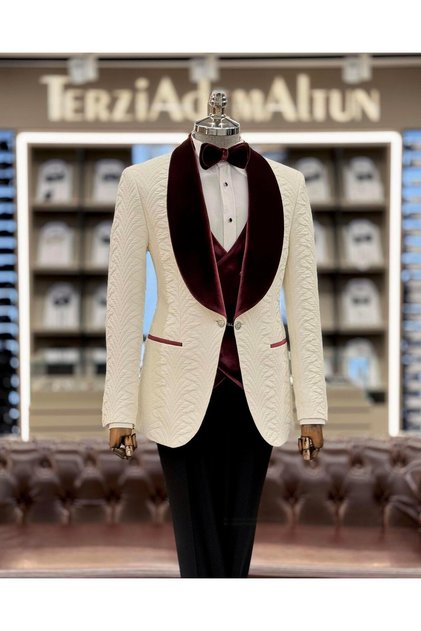 Jachetă croită italiană, vestă, pantaloni, costum de mire Alb T12076