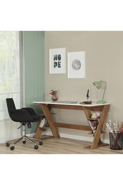 Lungo Raflı Çalışma Masası, Ofis Masası, 60x140 Cm, Koyu Meşe&beyaz