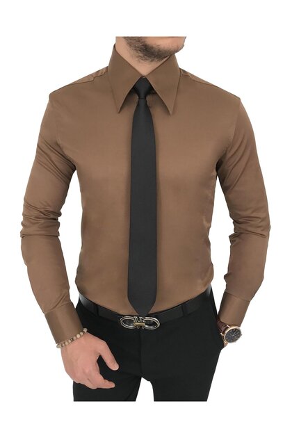 Italian Style Slim Fit Pointed Collar Satin Men's Shirt Light Brown T7210