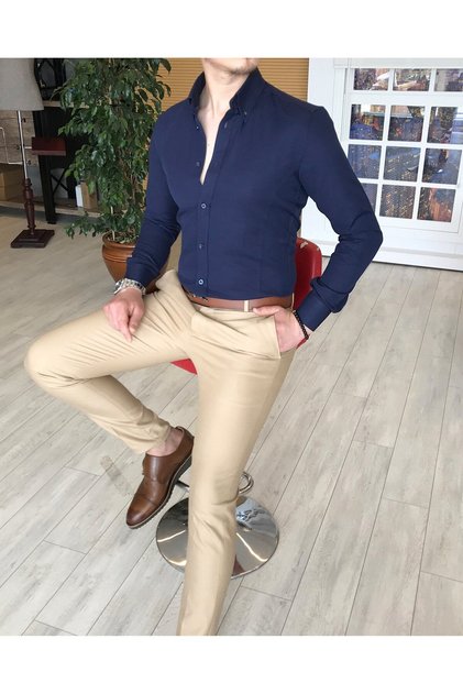Italian Style Slim Fit Mock Neck Satin Men's Shirt Dark Navy Blue T4740