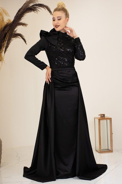 Black Suede Hijab Evening Dress