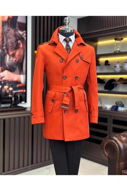 İtalyan stil slim fit mevsimlik erkek trençkot mont turuncu T10060