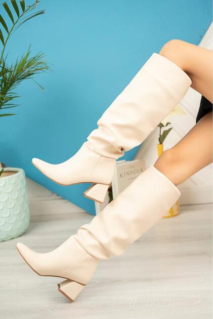 Syt-2002 Beige Gusseted Thick Heeled Daily Boots