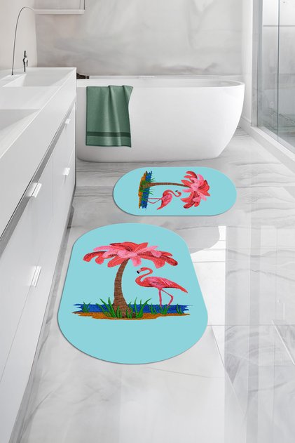 Digital Washable Simple Flamingo Patterned Oval Bath Mat Toilet Set