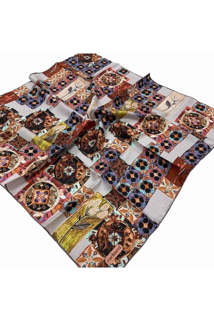 Gray - Brown Ethnic Pattern Tivil Silk Scarf 7204313 - 991