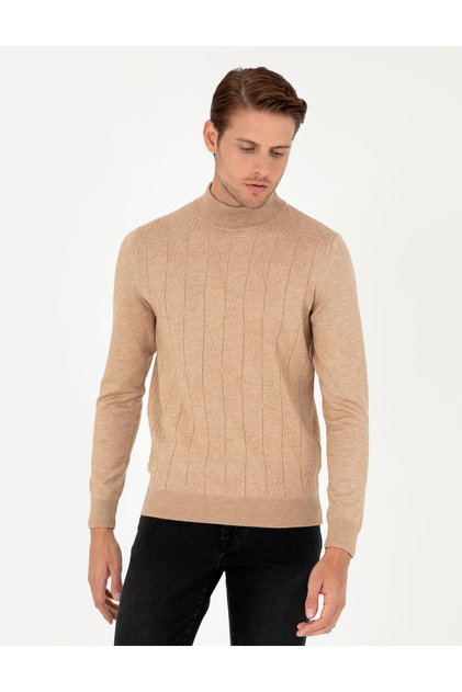 Beige Slim Fit Half Turtleneck Knit Sweater 50296414-Vr011