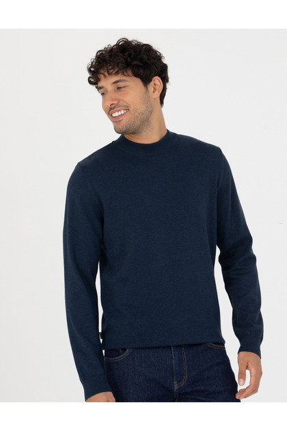 Lacivert Melanj Slim Fit Çeyrek Yaka Basic Triko Kazak 50276158-VR120