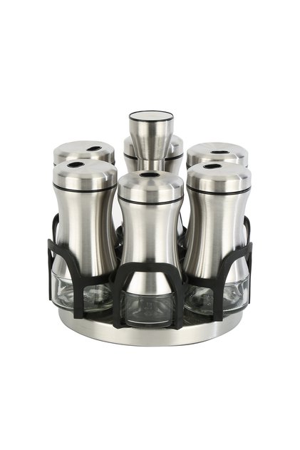 Chrome Rotating Stand Set of 6 Glass Spice Holders Silver