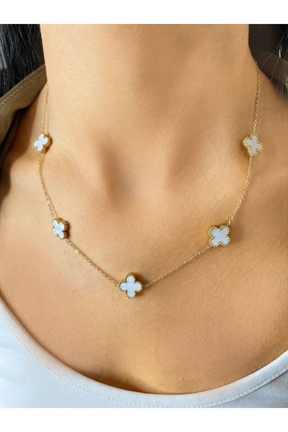 Model Gold & Beyaz Yonca Çelik Kolye Paslanmaz Çelik (361L)