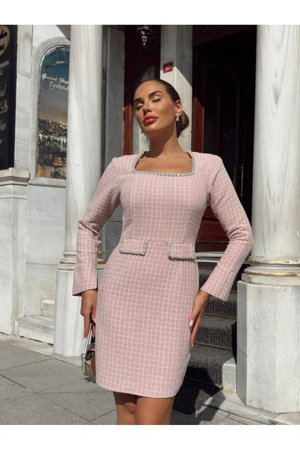 Kadın Pembe Yaka Ve Cep Taş İşleme Özel Tasarım Astarlı Midi Elbise