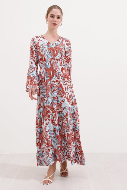2454 Patterned Long Dress - Claret Red
