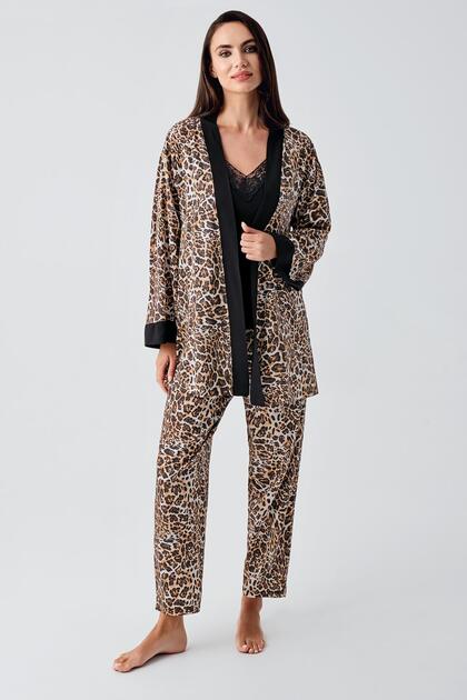 Strappy Lace Leopard Patterned Viscous Dressing Gown Pajama Set