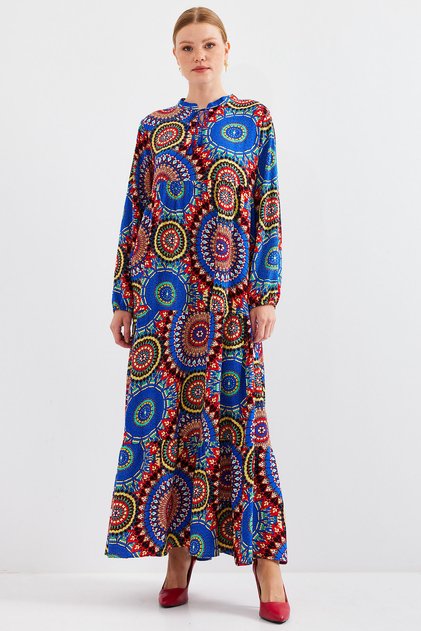 1627 Collar Lace-Up Hijab Dress - A.Cobalt Blue