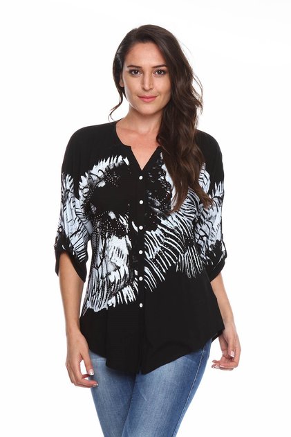 Printed Stone Detail Large Size Shirt Blouse Black