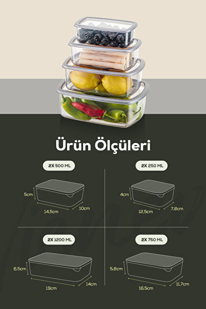 Evlinya 8'li Hava Geçirmez Saklama Kabı Seti Antrasit 2x(250-500