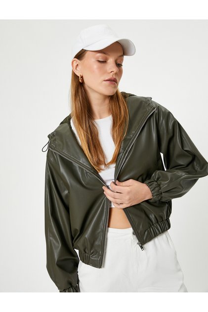 Hooded Faux Leather Bomber Jacket Zippered Lined Pocket Comfortable Fit