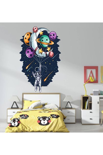 Astronaut's Travel in Space with Planet Balloons Hall - Balcony Home Wall Self-Adhesive Sticker