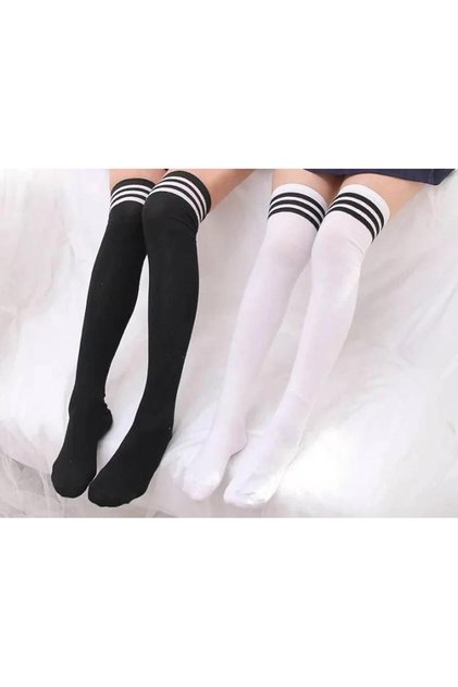 2-Piece Black and White 3-Piece Stripe Patterned Above-Knee Unisex Socks