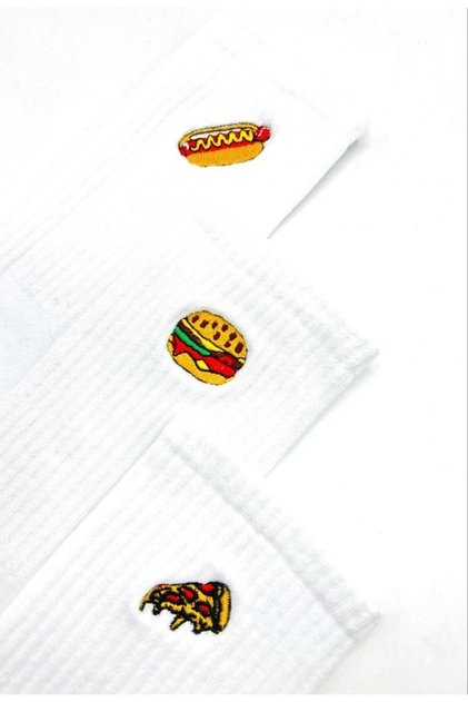 3-Piece Embroidered Fast Food Patterned Colorful Unisex Sock Box