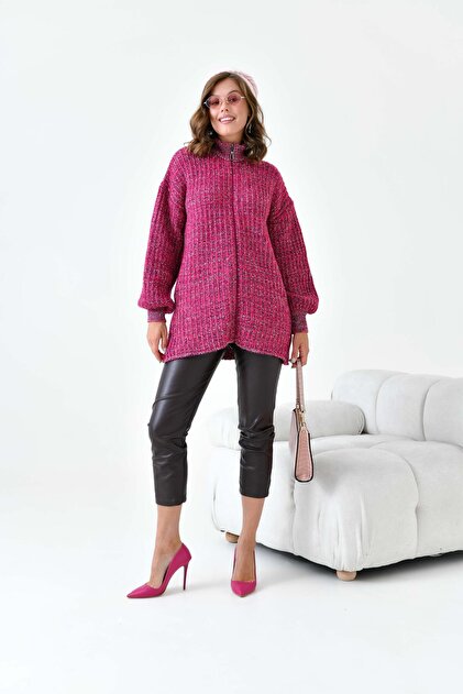 FTZ WOMEN Cardigan de damă cu fermoar degradat fucsia 20871- Trendyol