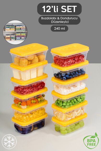 12'li Buzdolabı Düzenleyici Organizer - Mikrodalga ve Difrize Uygun Saklama Kabı - 12x240ml Sarı