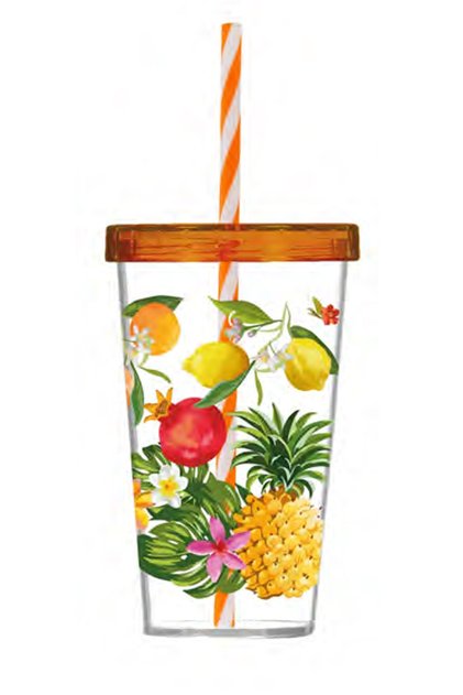 Patterned Glass with Straw 660 Cc - Fruits