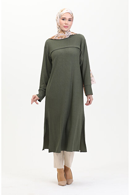 Tunika aus Crêpe-Stoff mit Streifen vorne, 5105-04 Khaki