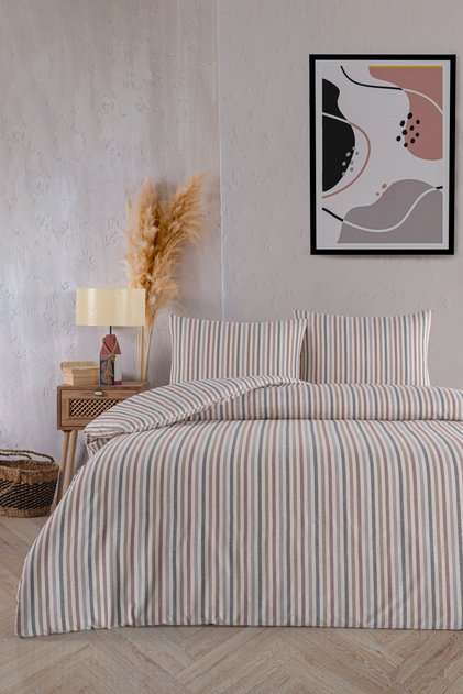 Cool Natural 100% Cotton Akfil Beril Brown Yarn Dyed Duvet Cover Set Double - 200X220 cm