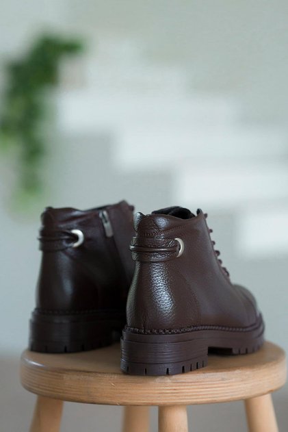 Drop Zippered Women's Genuine Leather Boots Brown