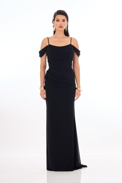 Rochie de seara lunga din sifon cu bretele negre