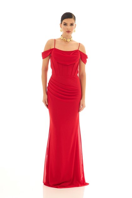 Rochie de seara lunga din sifon cu bretele rosii