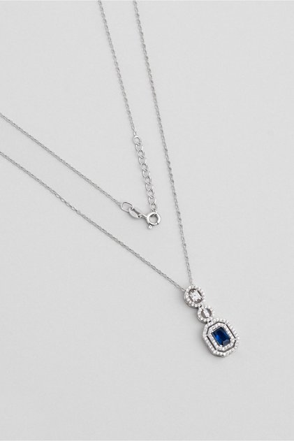 Safir Masalı 18 Ayar Beyaz Altın Kaplama 43 Cm Gümüş Baget Kolye