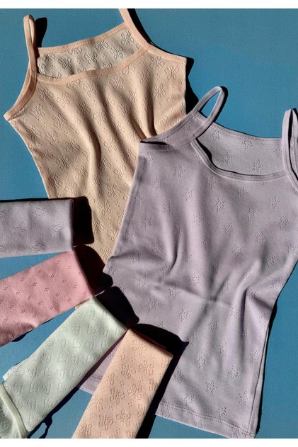 Cotton, 6 Pieces of String Straps, Patterned Perforated Knitted Girls' Tank Top