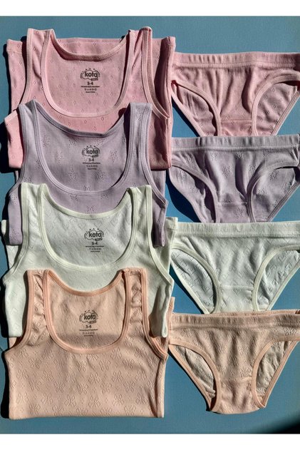 Cotton, 4-Piece Pattern Hole Knitted Classic Sleeveless Girl's Undershirt and Panty Set