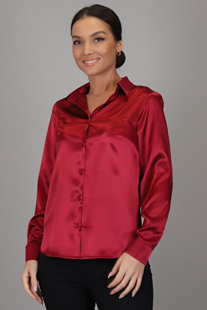 Sweetness Women's Burgundy Satin Long Sleeve Evening Dress Shirt- Trendyol