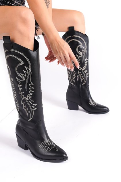 Black Leather White Embroidered Zipper Long Western Women's Cowboy Boots