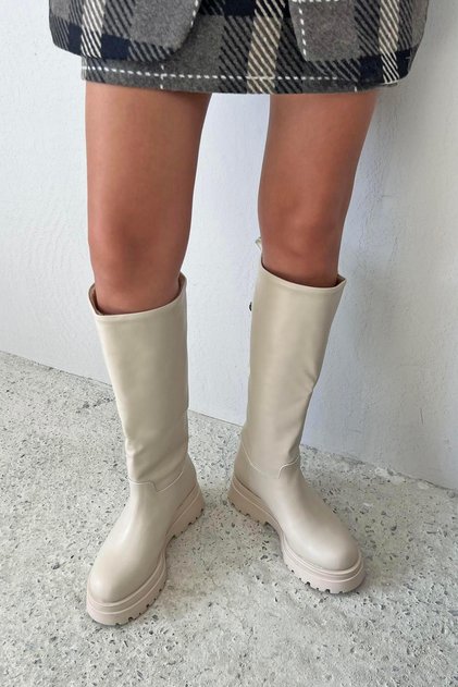 Lina Women's Fur Detail Leather Boots Beige