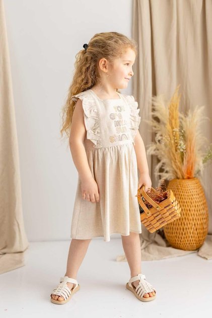 Beige Linen Square Collar Sleeveless Ruffled Sunshine Stone Detailed Back Buttoned Girls' Dress Beige