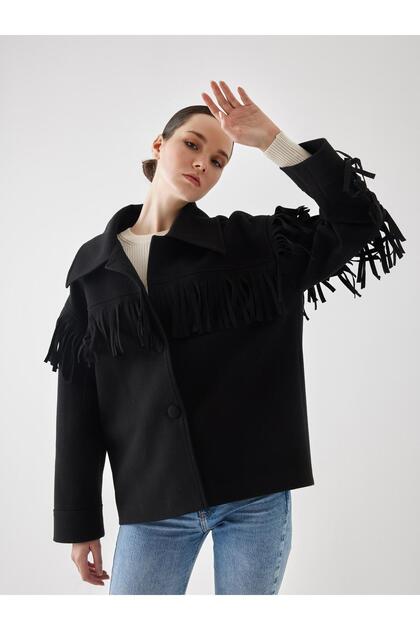 Püsküllü Oversize Siyah Kaşe Ceket