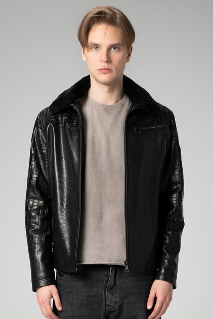 Zaragoza Men's Jumbo Collar Fur Genuine Leather Coat Black