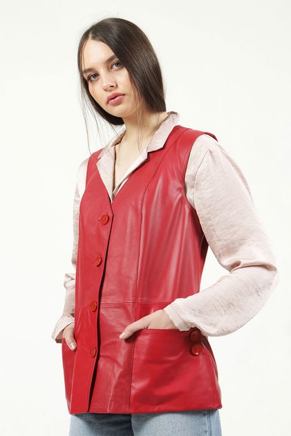 Women's Red Real Leather Vest Yb-2017