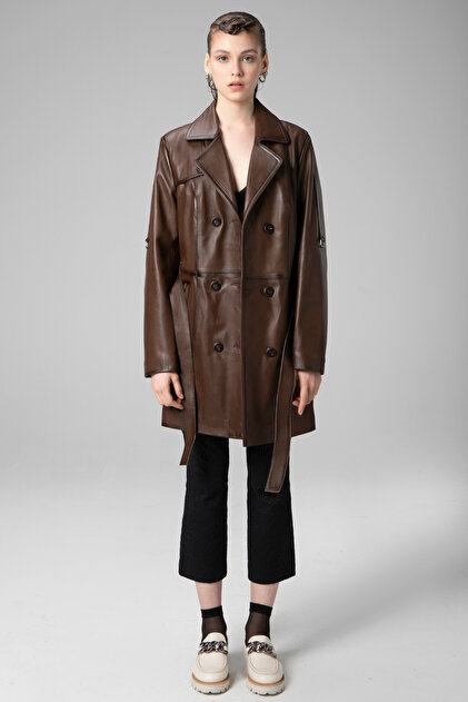 Dericlub Camel Cosmos Women's Trench Coat - Buttoned, Double