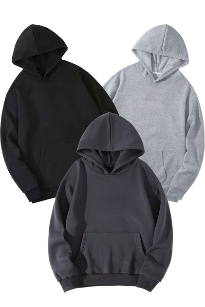 3'Lü Düz Basic Sweatshirt - Siyah Gri Füme Oversize Şardonlu Kapüşonlu