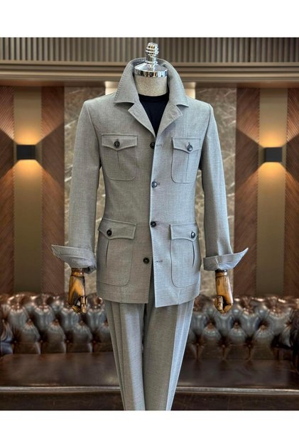 Slim-Fit-Safari-Jacken-Hosenanzug im italienischen Stil, grau T11960