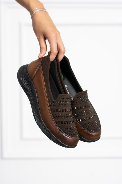 Sneakers damă confortabili, ortopedici, cu detalii cu pietre pătrate, talpă din PU, bej