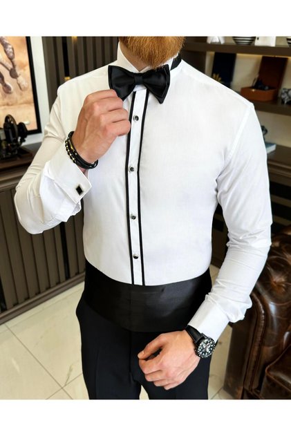 Italian cut groom suit slim fit piping men's collar shirt T7216